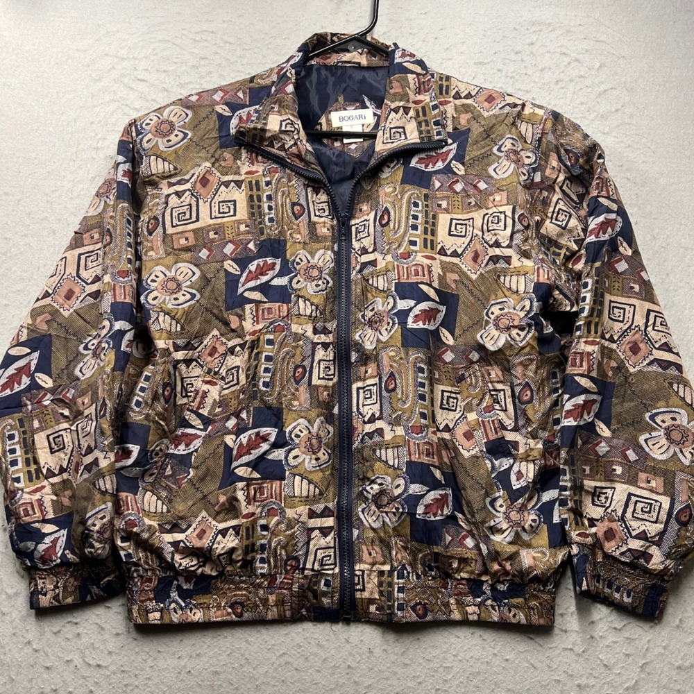 Vintage Bogari Mens Silk Bomber Jacket Medium 90s Abstract Geometric Floral